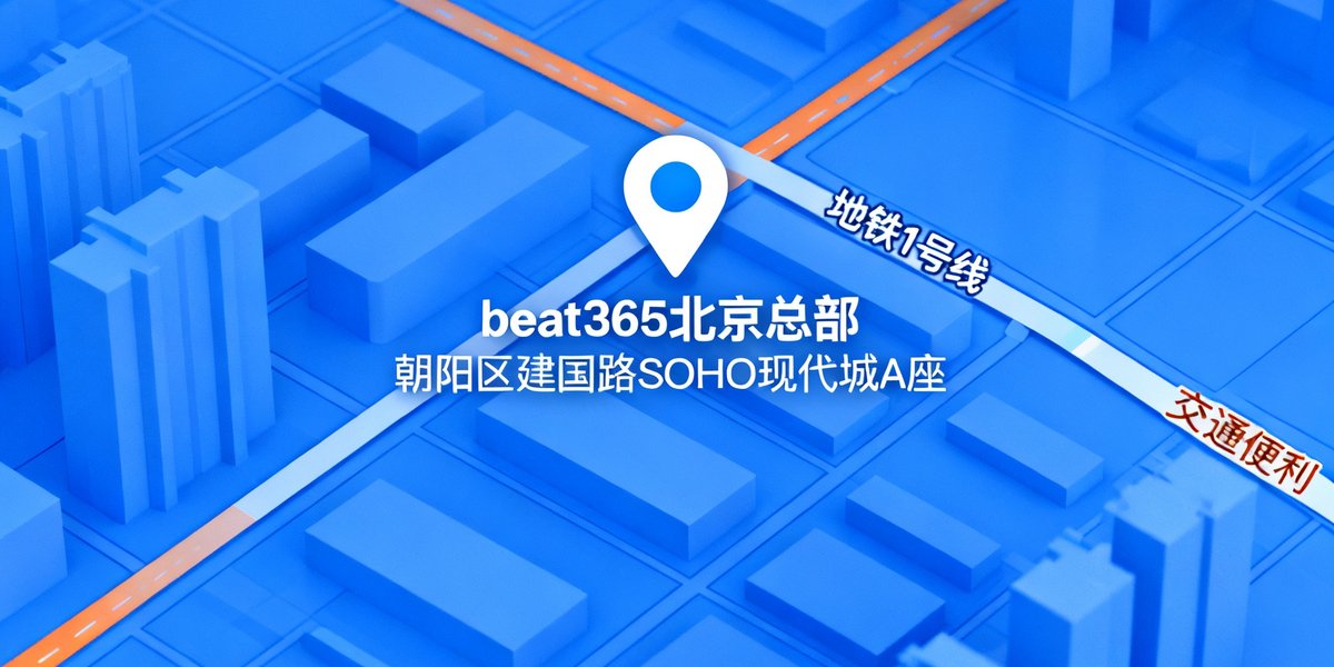 beat365北京总部所在地图定位示意，显示朝阳区建国路SOHO现代城A座位置，周边交通便利紧邻地铁1号线