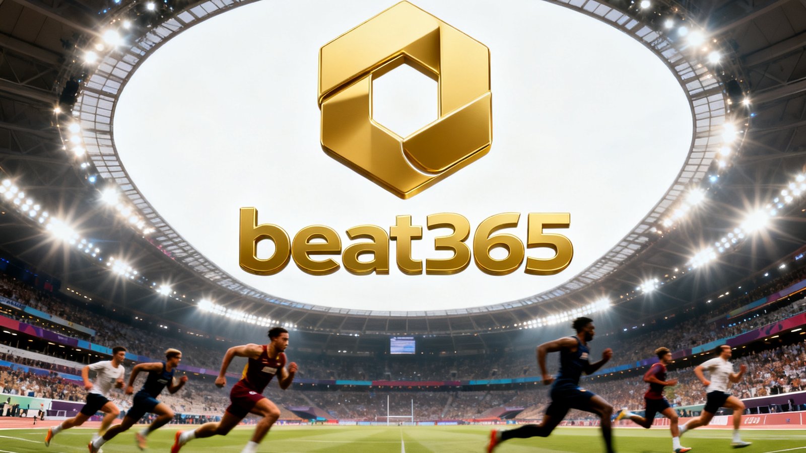 beat365体育产业集团品牌主视觉，展示体育场馆内灯光璀璨的大型赛事场景，中央为beat365金色标志，周围环绕运动员冲刺瞬间