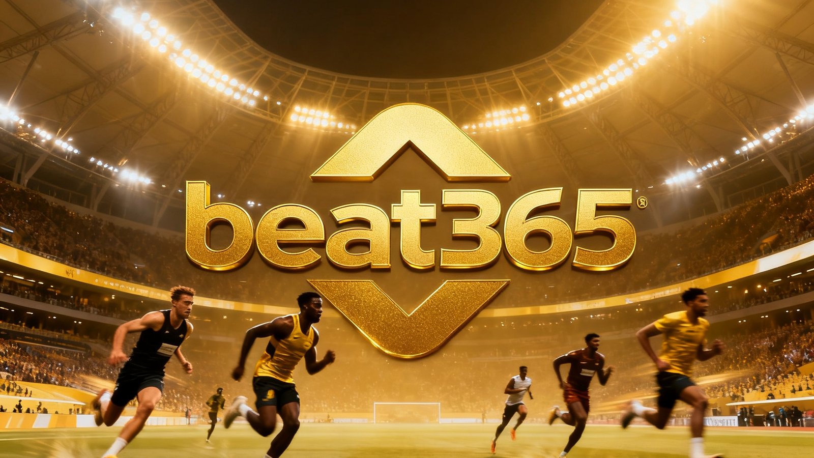 beat365体育产业集团品牌主视觉，展示体育场馆内灯光璀璨的大型赛事场景，中央为beat365金色标志，周围环绕运动员冲刺瞬间